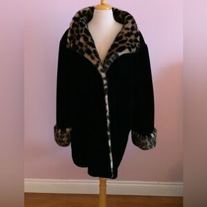 Leopard Trim Black Women's Coat